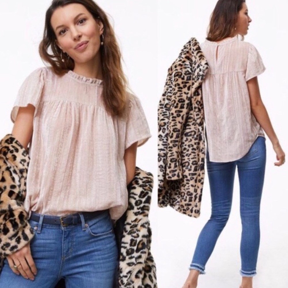 LOFT Blush Pink Ruffled Short Sleeve Peasant Top